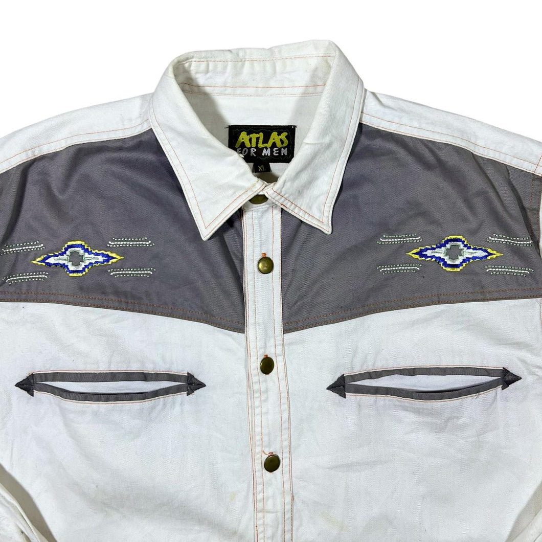 Early 00's Atlas For Men Cowboy Western White Grey Long Sleeve Cotton Shirt