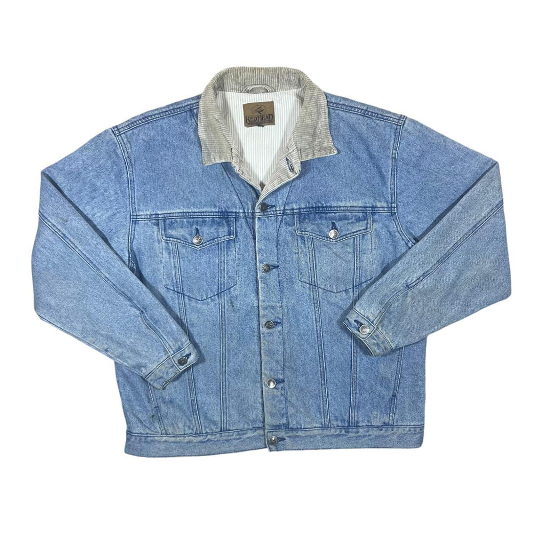 Vintage 90's REDHEAD Corduroy Cord Collared Blue Denim Distressed Trucker Jacket