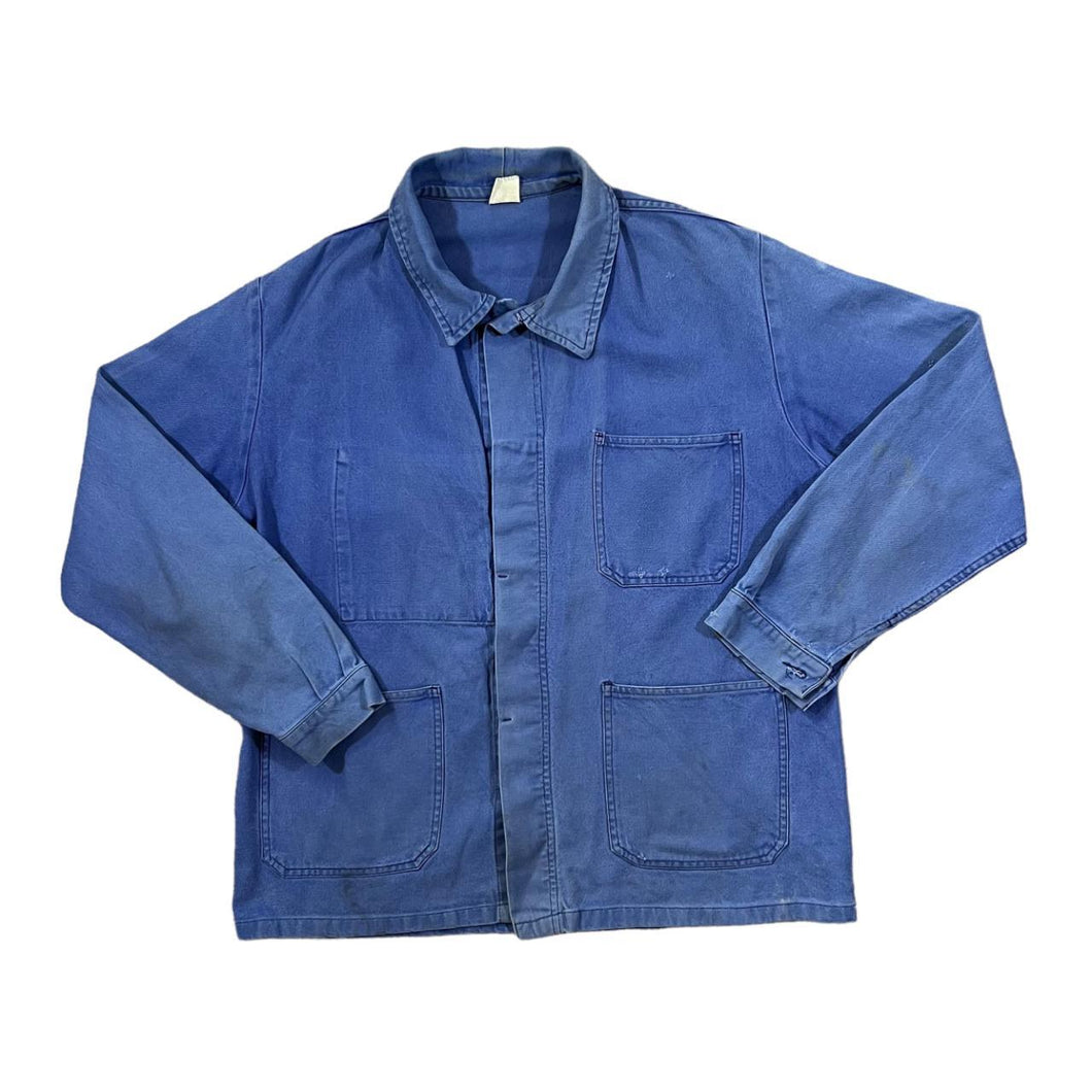 Vintage 90's Classic French Workwear Chore Faded Blue Cotton Distressed Jacket
