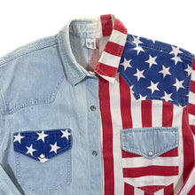 Load image into Gallery viewer, Vintage USA Flag Patterned Blue Denim Cotton Long Sleeve Shirt
