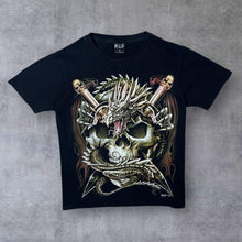 Load image into Gallery viewer, Vintage WILD Gothic Fantasy Dragon Skull Sword Graphic Black T-Shirt
