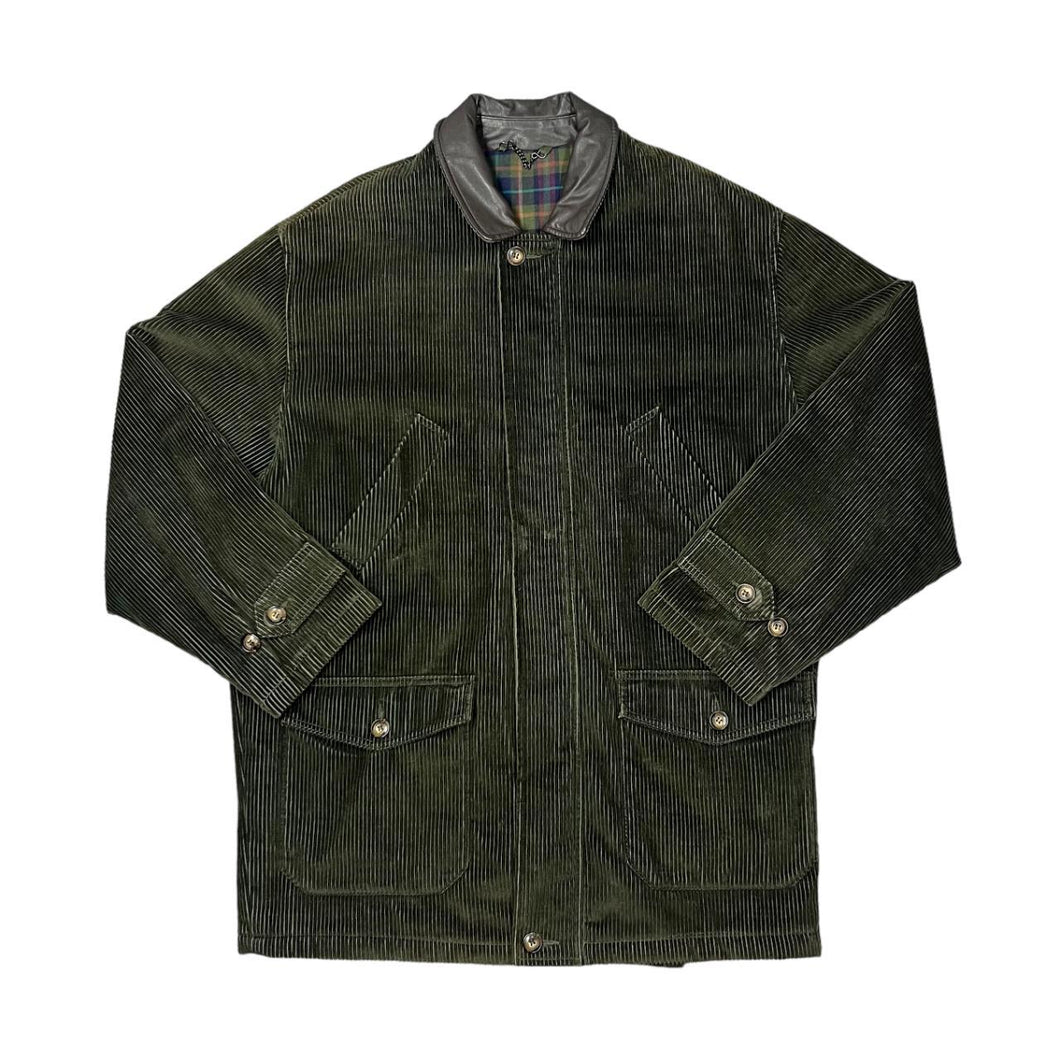 Vintage 90's ST MICHAEL Marks & Spencer Leather Collared Check Lined Corduroy Cord Chore Jacket