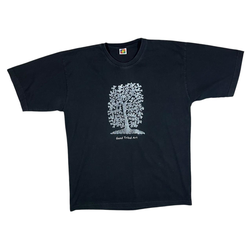 Vintage Tribes India GOND TRIBAL ART Souvenir Graphic Black T-Shirt