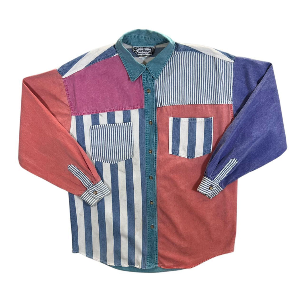Vintage 90's Bonjour Vibrant Colour Block Striped Cotton Long Sleeve Shirt