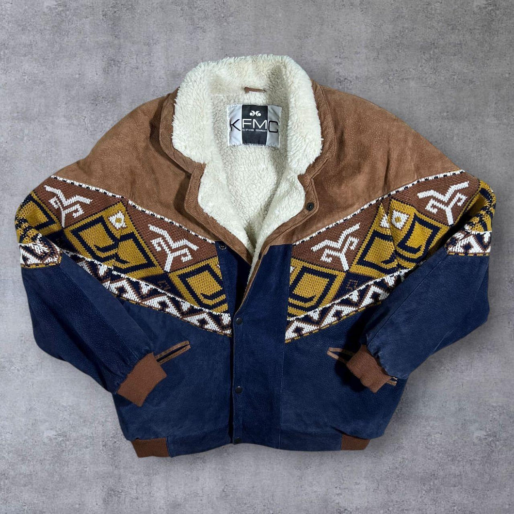 Vintage 90's KFMC Aztec Patterned Woven Panel Suede Leather Fleece Lined Bomber Jacket
