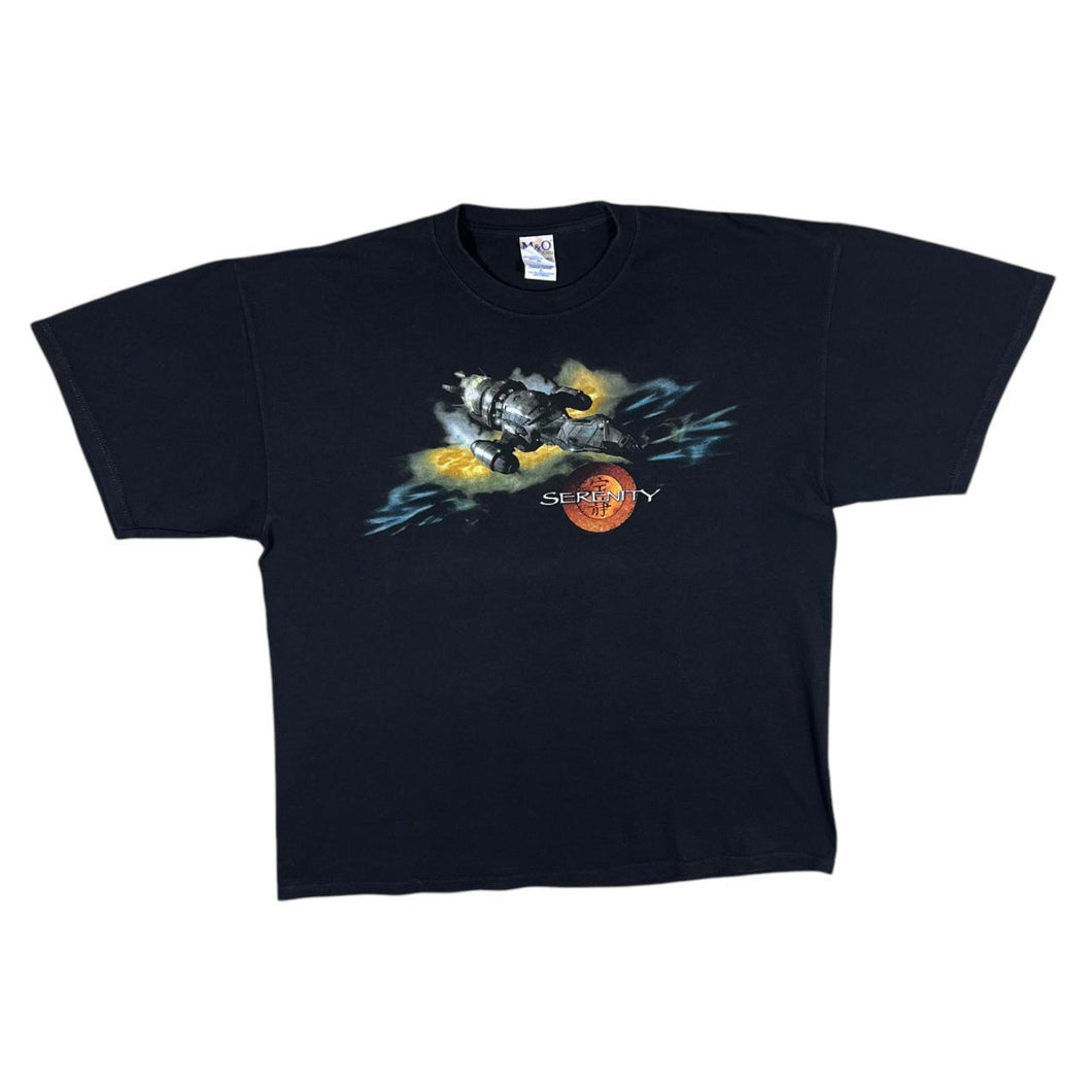 Vintage SERENITY (2005) Firefly TV Show Movie Spellout Graphic Black T-Shirt