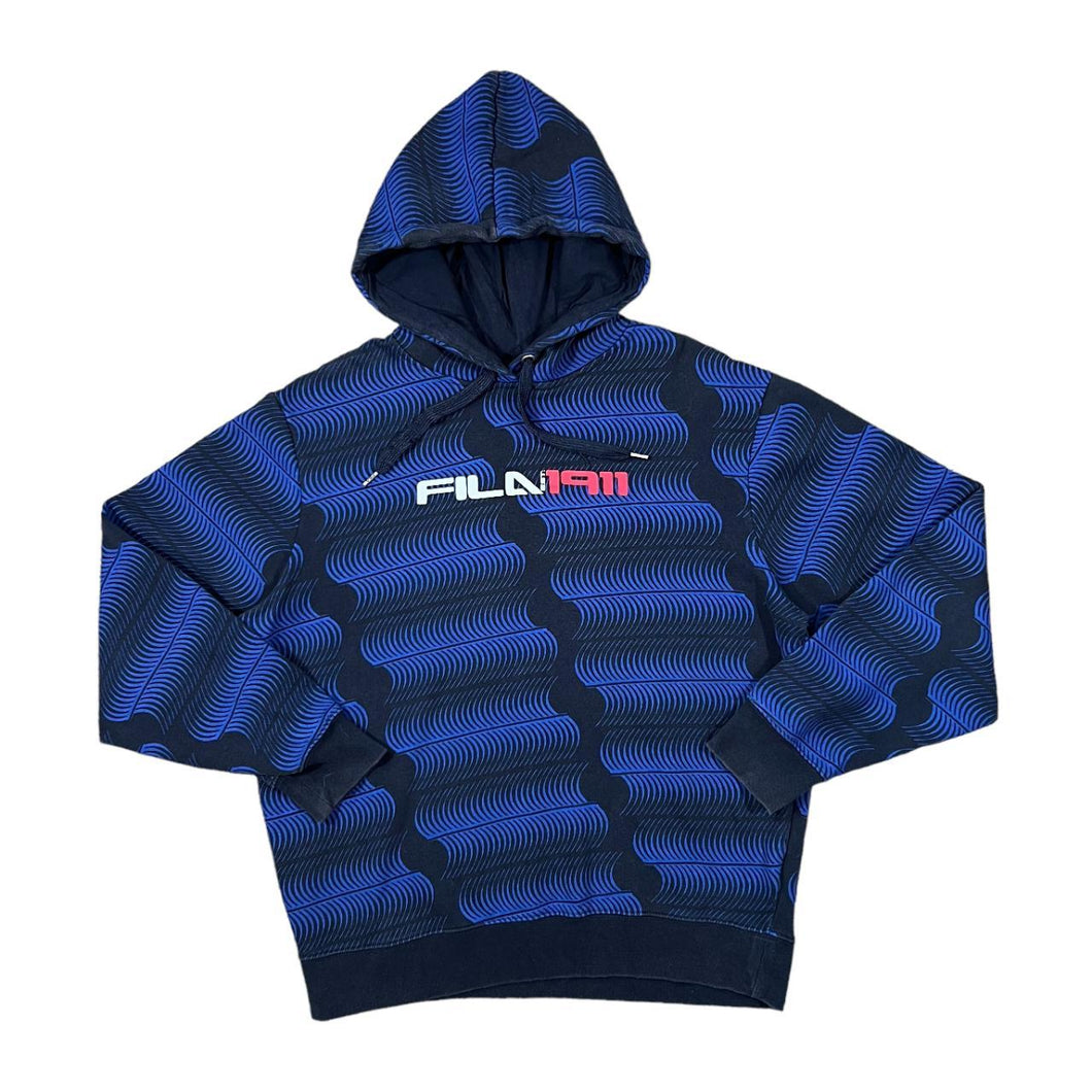 FILA Spellout Graphic Black Blue Patterned Pullover Hoodie