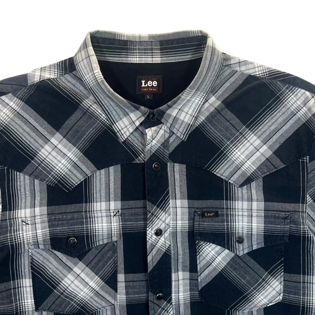 Vintage LEE Cowboy Western Black White Grey Plaid Check Popper Long Sleeve Shirt