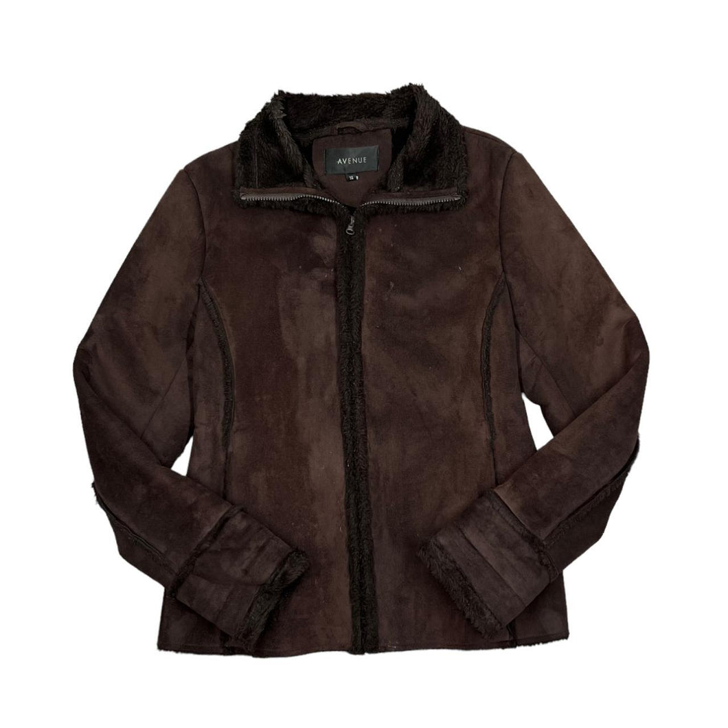 AVENUE y2k Faux Fur Fleece Trim Lined Sheepskin Style Jacket