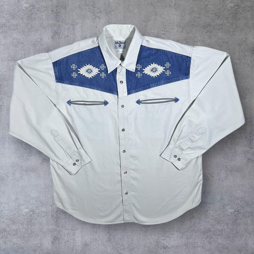 Vintage John Baner Cowboy Western Embroidered Cream Blue Cotton Long Sleeve Shirt