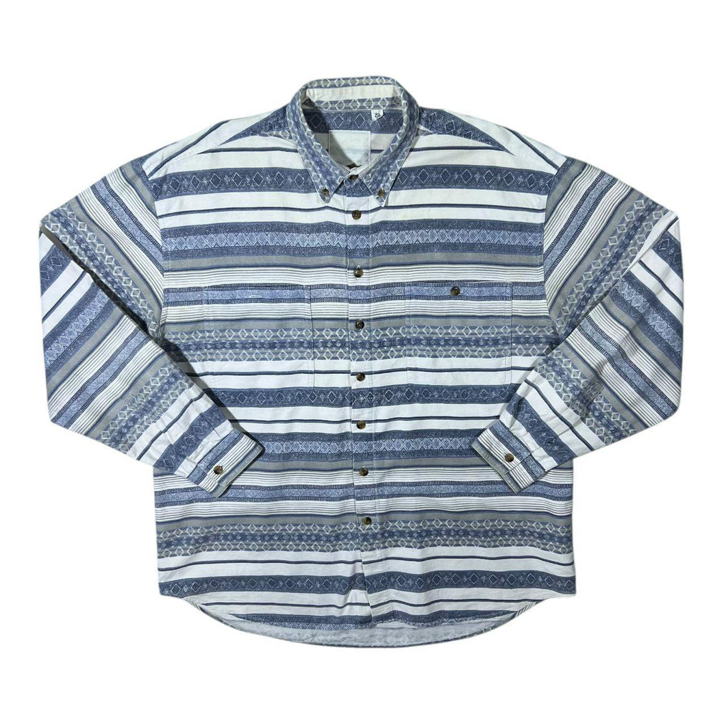 Vintage Blue White Striped Crazy Patterned Long Sleeve Flannel Cotton Button-Up Shirt