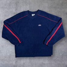 Load image into Gallery viewer, Early 00&#39;s Umbro Embroidered Mini Logo Navy Blue V-Neck Fleece Sweatshirt

