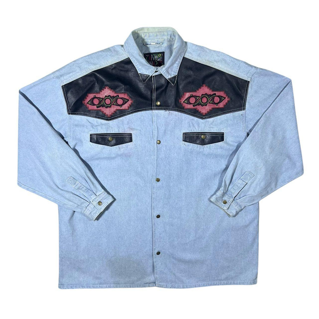 Vintage Capitol Embroidered Cowboy Western Blue Denim Cotton Popper Long Sleeve Shirt