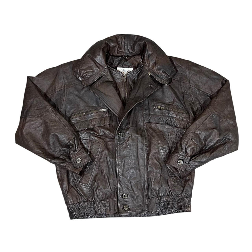 Vintage 90's CLASSIC Genuine Real Brown Leather Zip Bomber Jacket