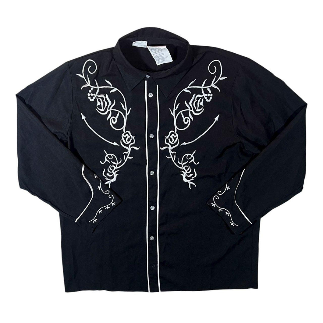 Cowboy Western Style Embroidered Floral Black Long Sleeve Polyester Shirt