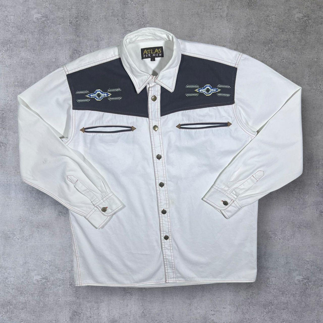 Early 00's Atlas For Men Cowboy Western Embroidered White Cotton Long Sleeve Shirt