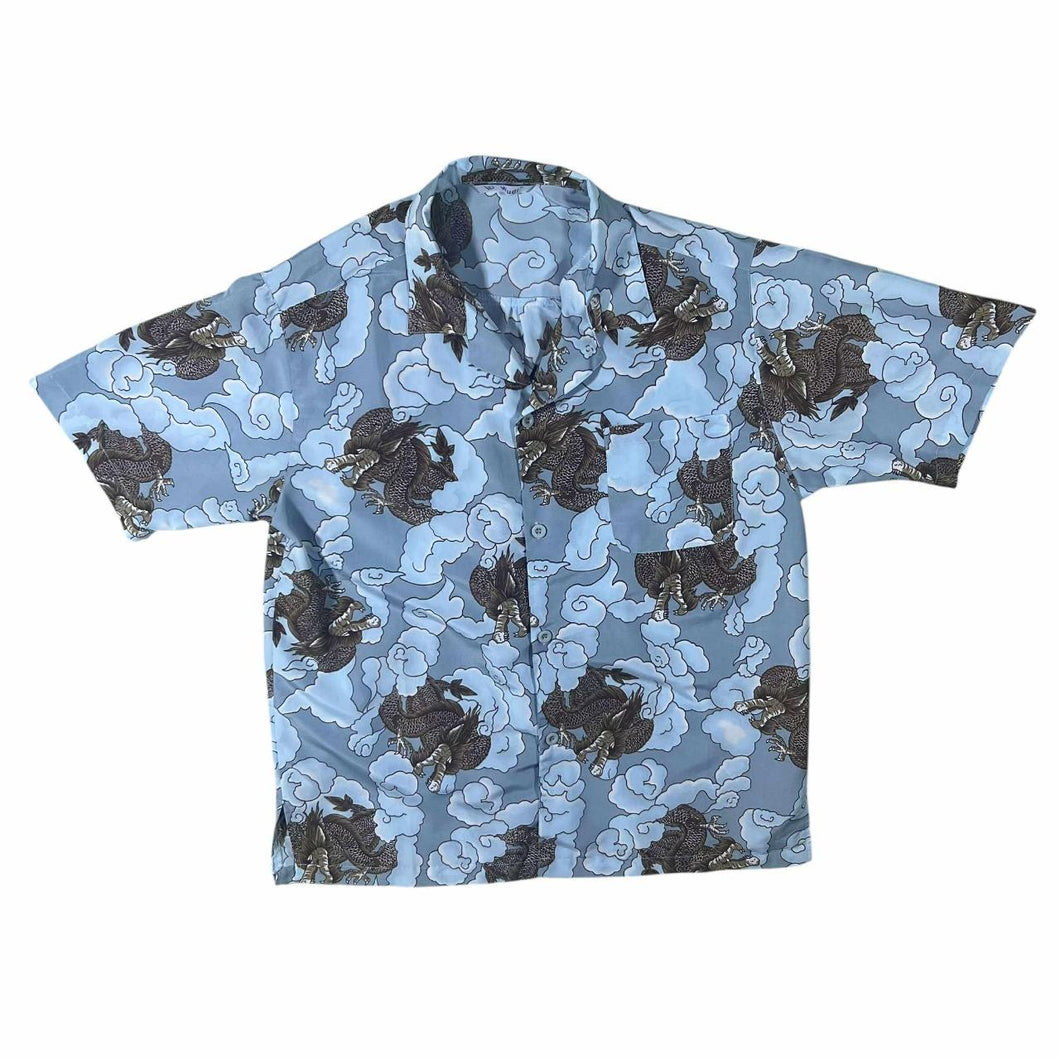Early 00's Wudi Gothic Y2K Traditional Dragon Clouds Graphic Blue Short Sleeve Shirt