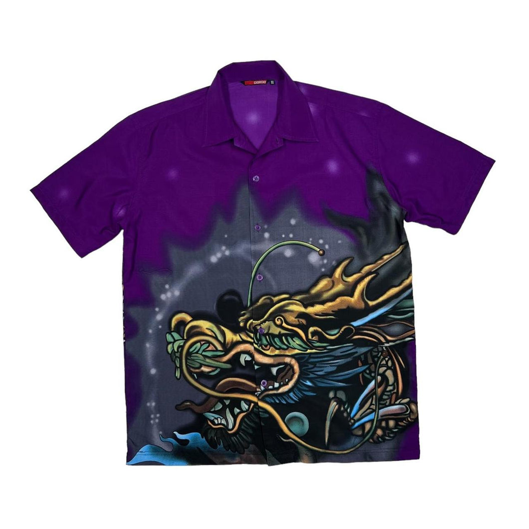 Early 00’s GIORGIO Gothic Tattoo Style Dragon Patterned All-Over Print Polyester Shirt