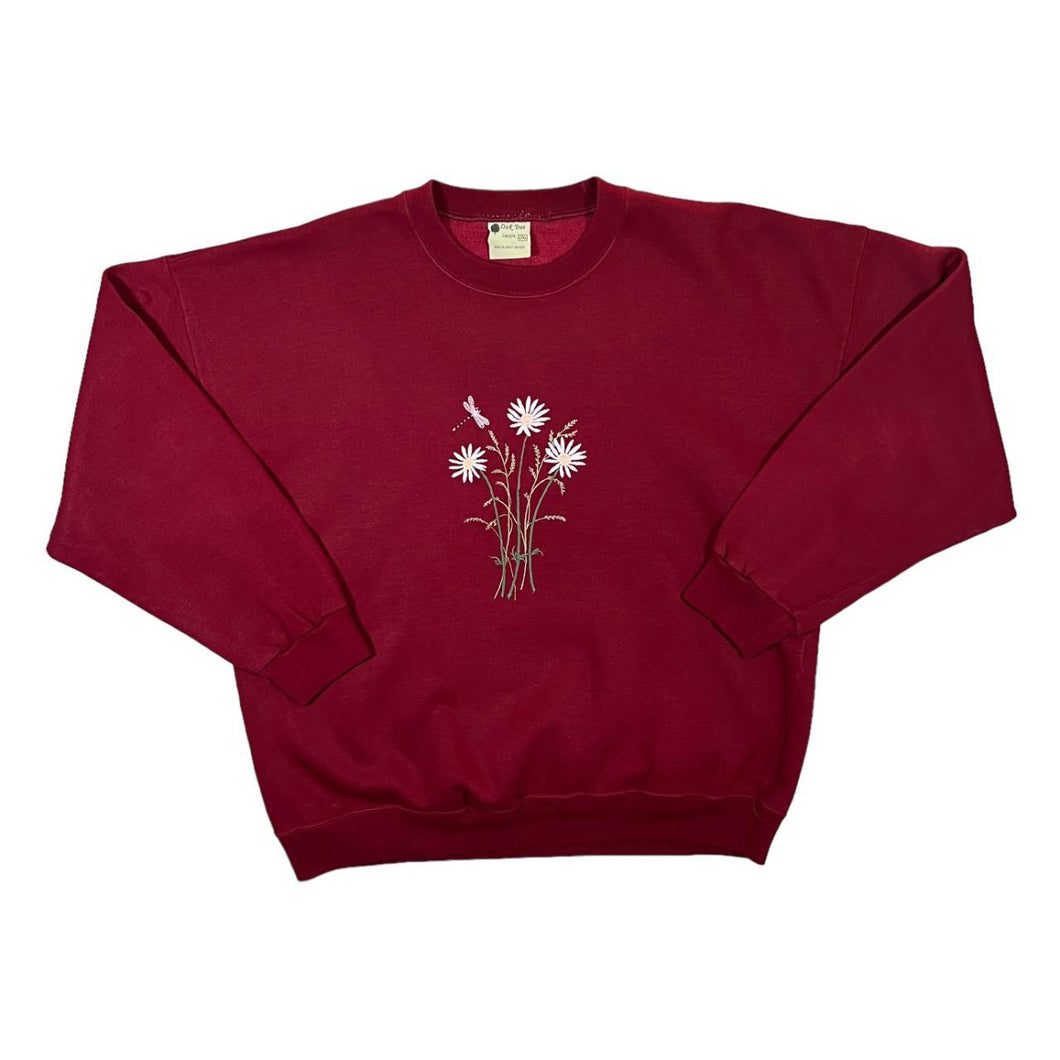 Vintage 90's OAK TREE LEISURE Embroidered Floral Wildlife Burgundy Crewneck Sweatshirt