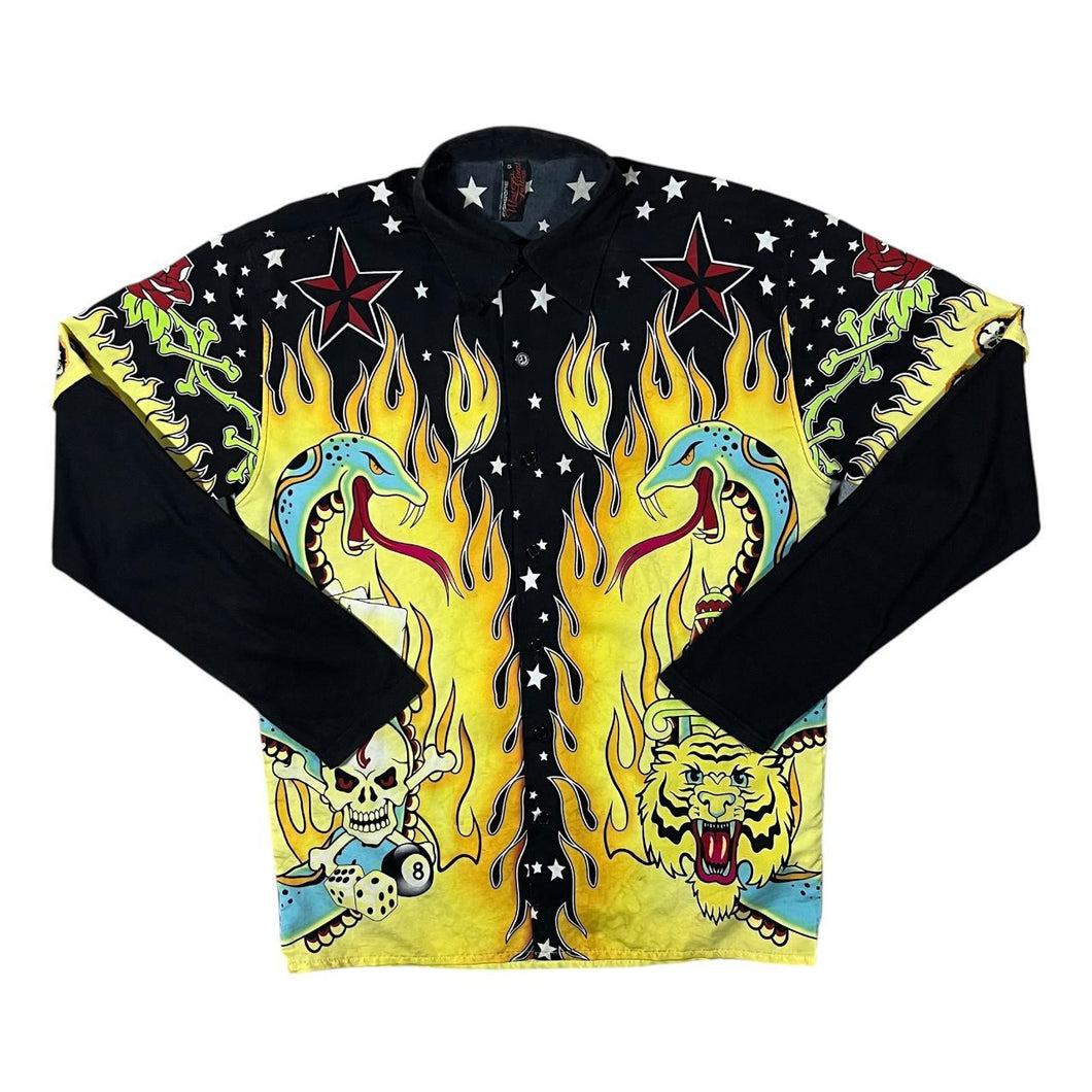Early 00's Fishbone Hip Hop Y2K Gothic Biker All-Over Print Layered Long Sleeve Shirt