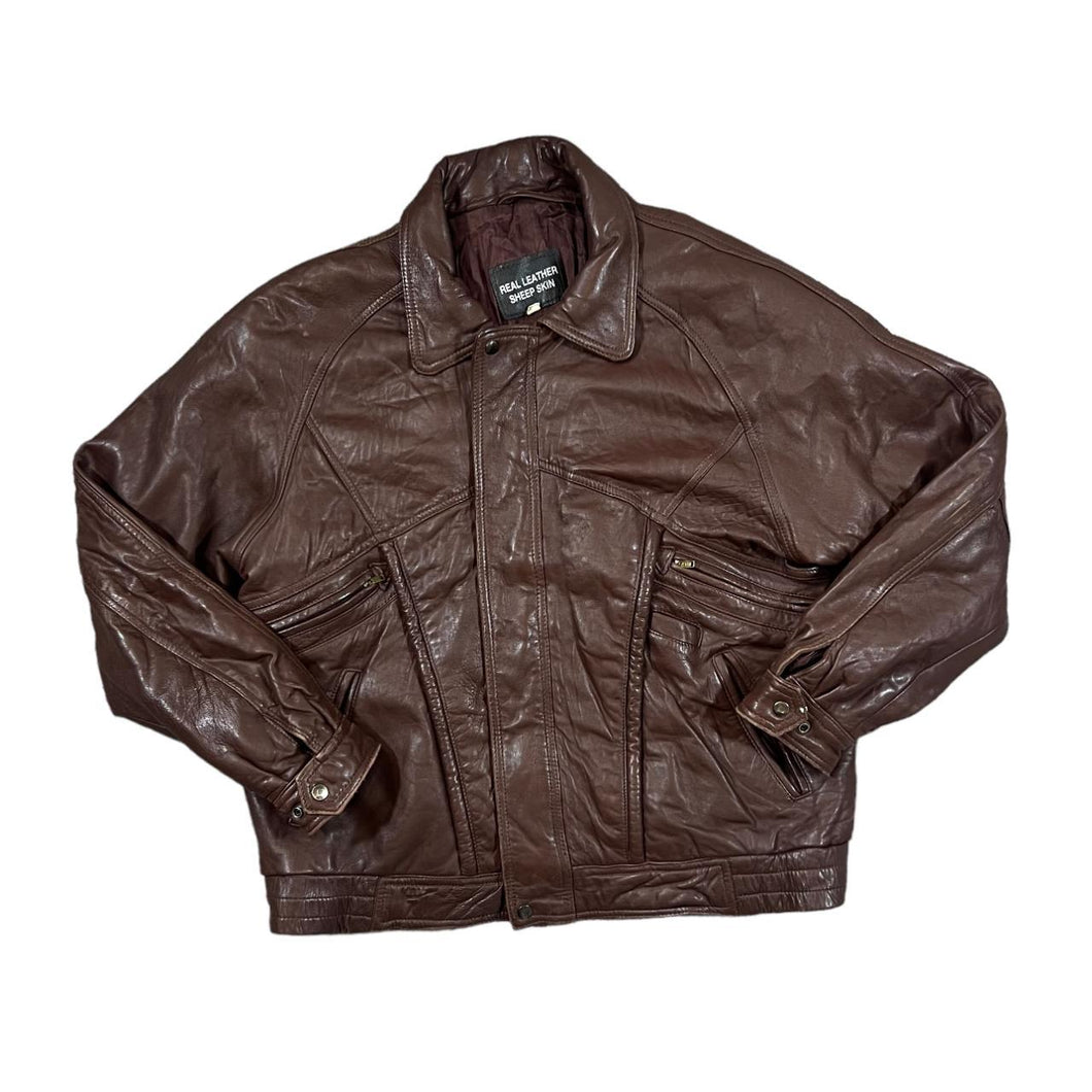 Vintage 90's REAL LEATHER SHEEP SKIN Classic Distressed Genuine Real Leather Zip Bomber Jacket