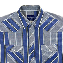 Load image into Gallery viewer, Vintage 90's Wrangler Cowboy Western Blue Grey Striped Popper Button Short Sleeve Shirt
