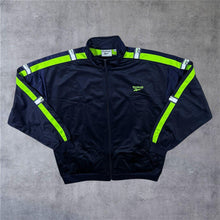 Load image into Gallery viewer, Vintage Reebok Essentials Logo Tape Sleeve Navy Blue Green Tracksuit Jacket
