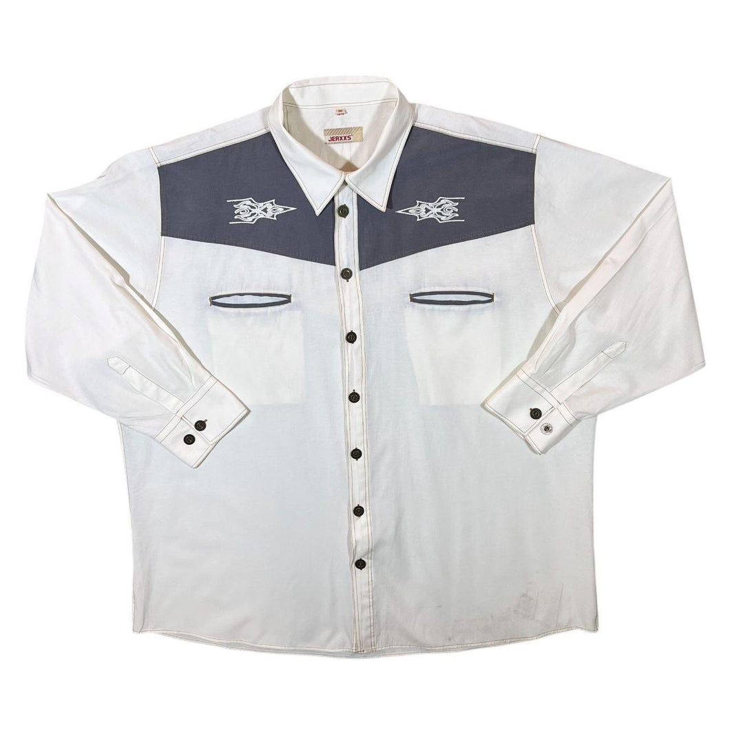 Vintage Jeaxxs Cowboy Western Embroidered White Grey Cotton Blend Long Sleeve Shirt