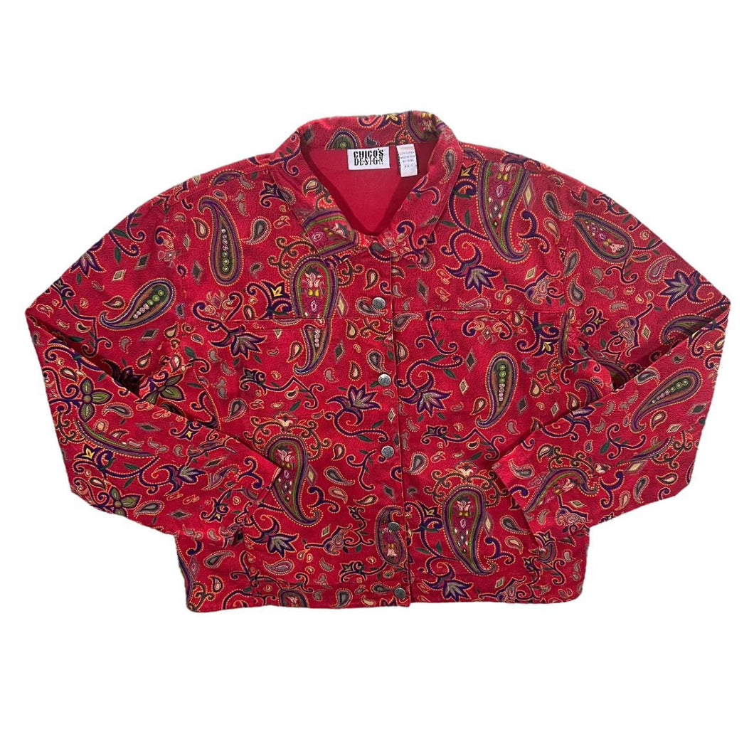 Vintage Chico's Design Made In India Paisley Patterned Red Cotton Trucker Jacket