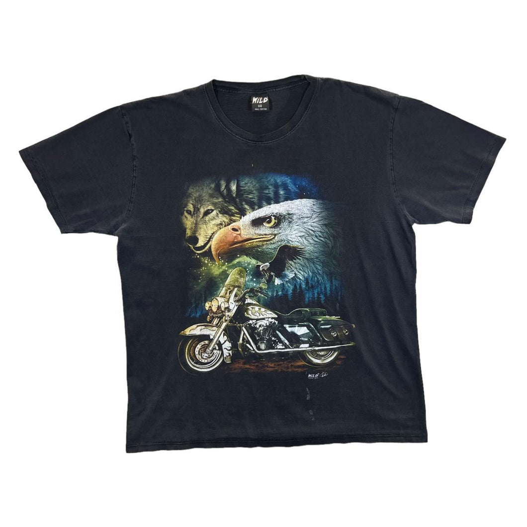 Early 00's WILD Biker Gothic Eagle Wolf Wildlife Graphic Black T-Shirt