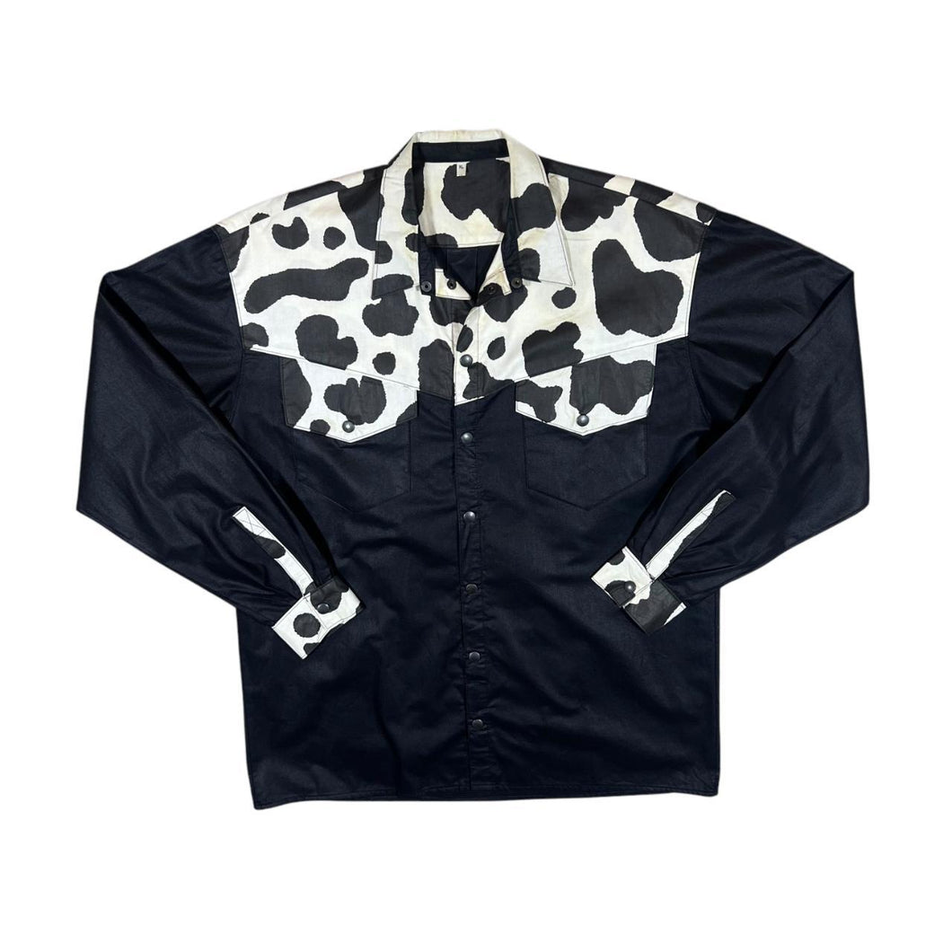 Cow Print Patterned Popper Button Cowboy Western Long Sleeve Shirt