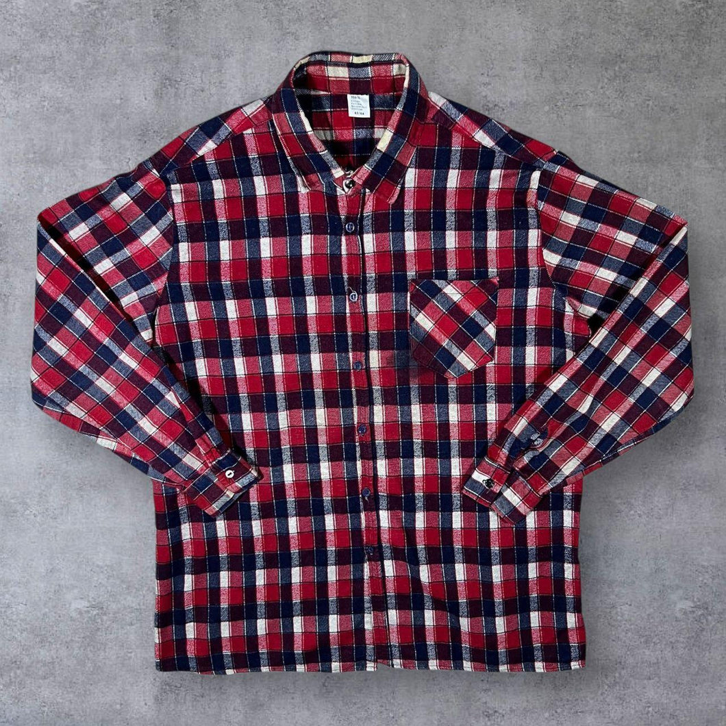 Vintage Red Navy Blue White Plaid Check Long Sleeve Cotton Flannel Shirt