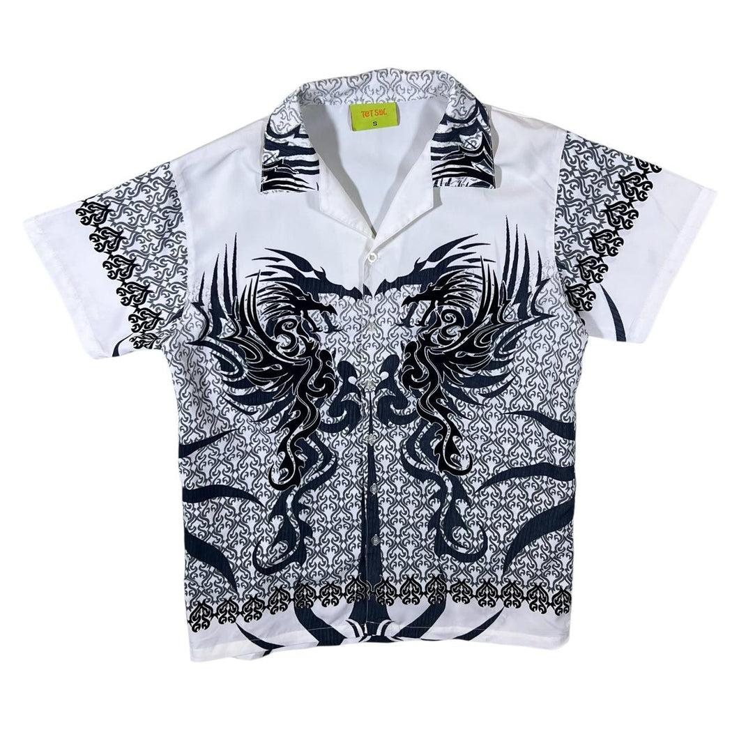 Early 00's Totsol Gothic Biker Tribal Dragon Graphic White Short Sleeve Shirt