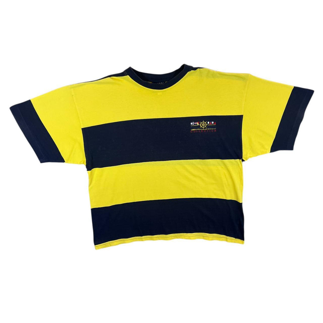 Vintage Poco Loco Embroidered Logo Navy Blue Yellow Colour Block Striped T-Shirt