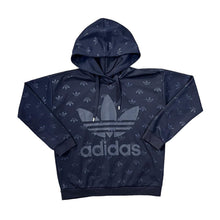 Load image into Gallery viewer, ADIDAS Big Logo Spellout Graphic All-Over Print Polyester Navy Blue Pullover Hoodie
