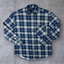 Load image into Gallery viewer, Vintage Okay Blue Navy Yellow White Plaid Check Long Sleeve Cotton Flannel Shirt
