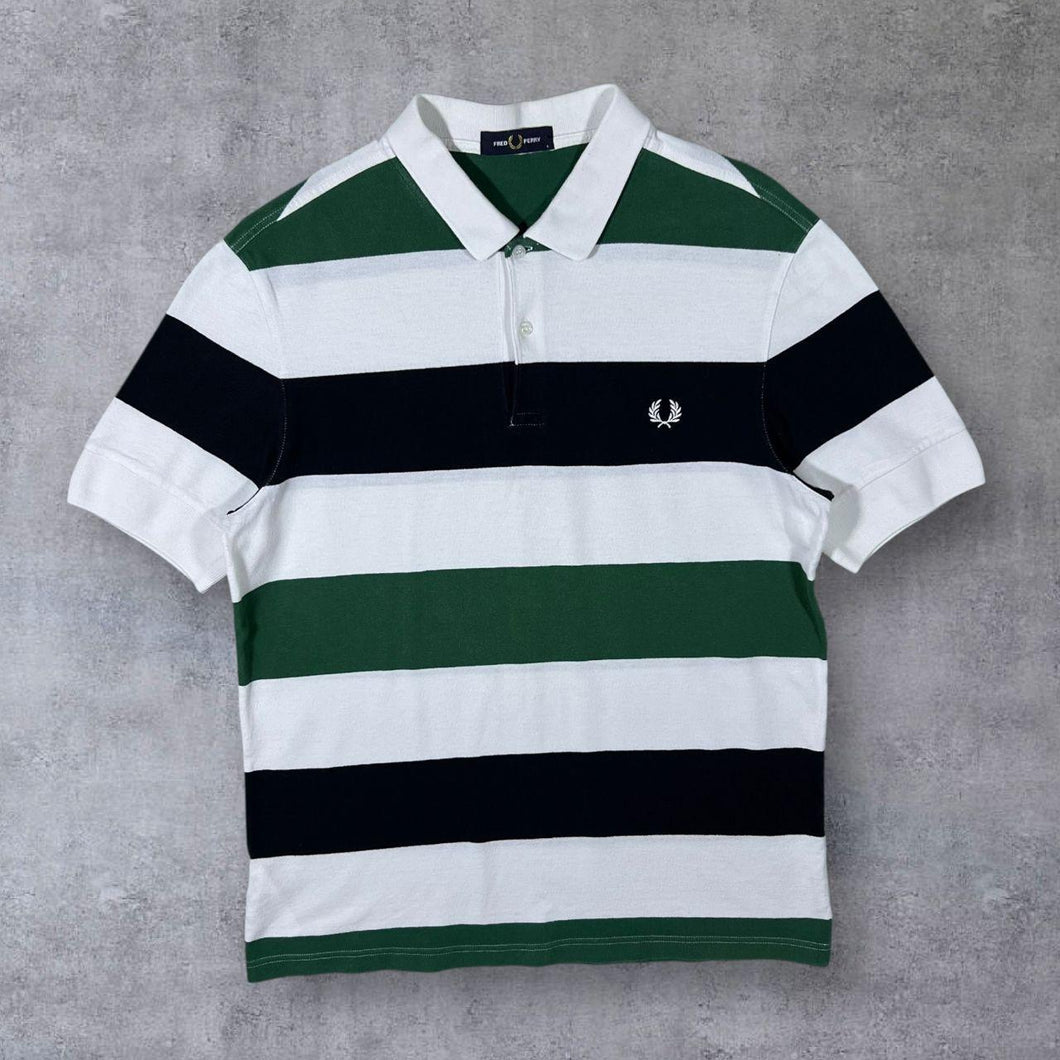 Fred Perry Green Black White Striped Mini Logo Cotton Polo Shirt
