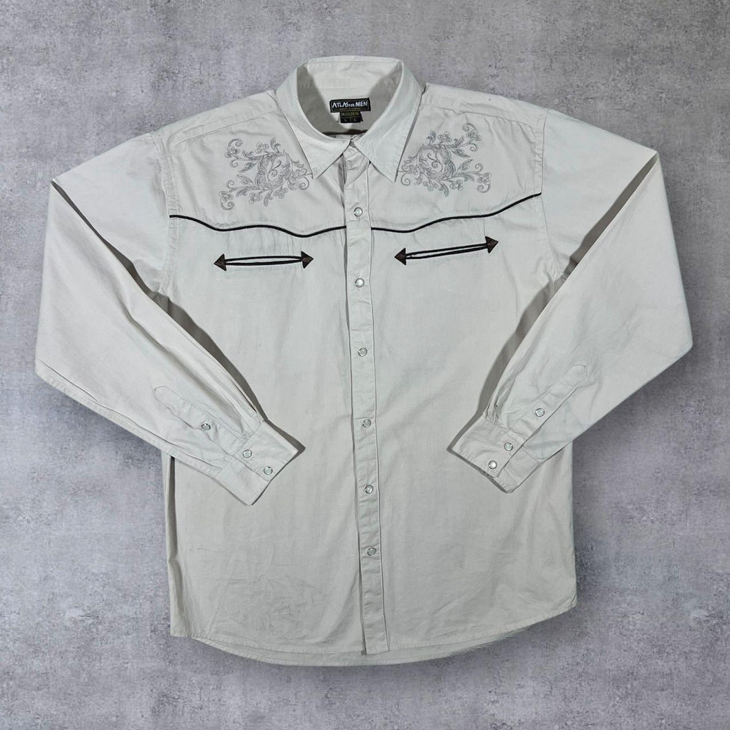 Atlas For Men Cowboy Western Filigree Cream Cotton Popper Long Sleeve Shirt