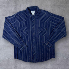 Load image into Gallery viewer, Vintage Wrangler "Wrancher" Navy Blue Striped Check Cowboy Western Popper Long Sleeve Shirt
