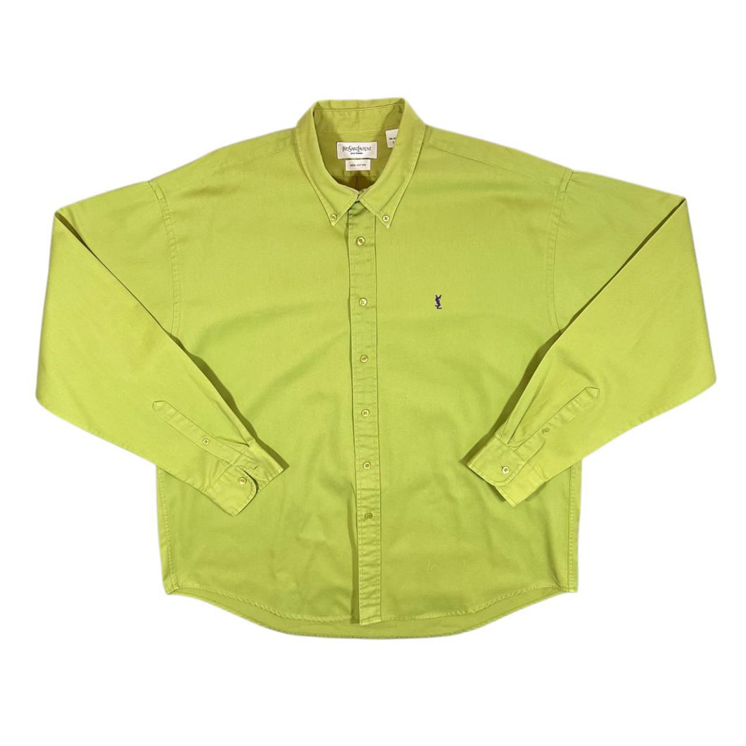 Vintage YSL Yves Saint Laurent Classic Green Long Sleeve Button-Up Cotton Shirt