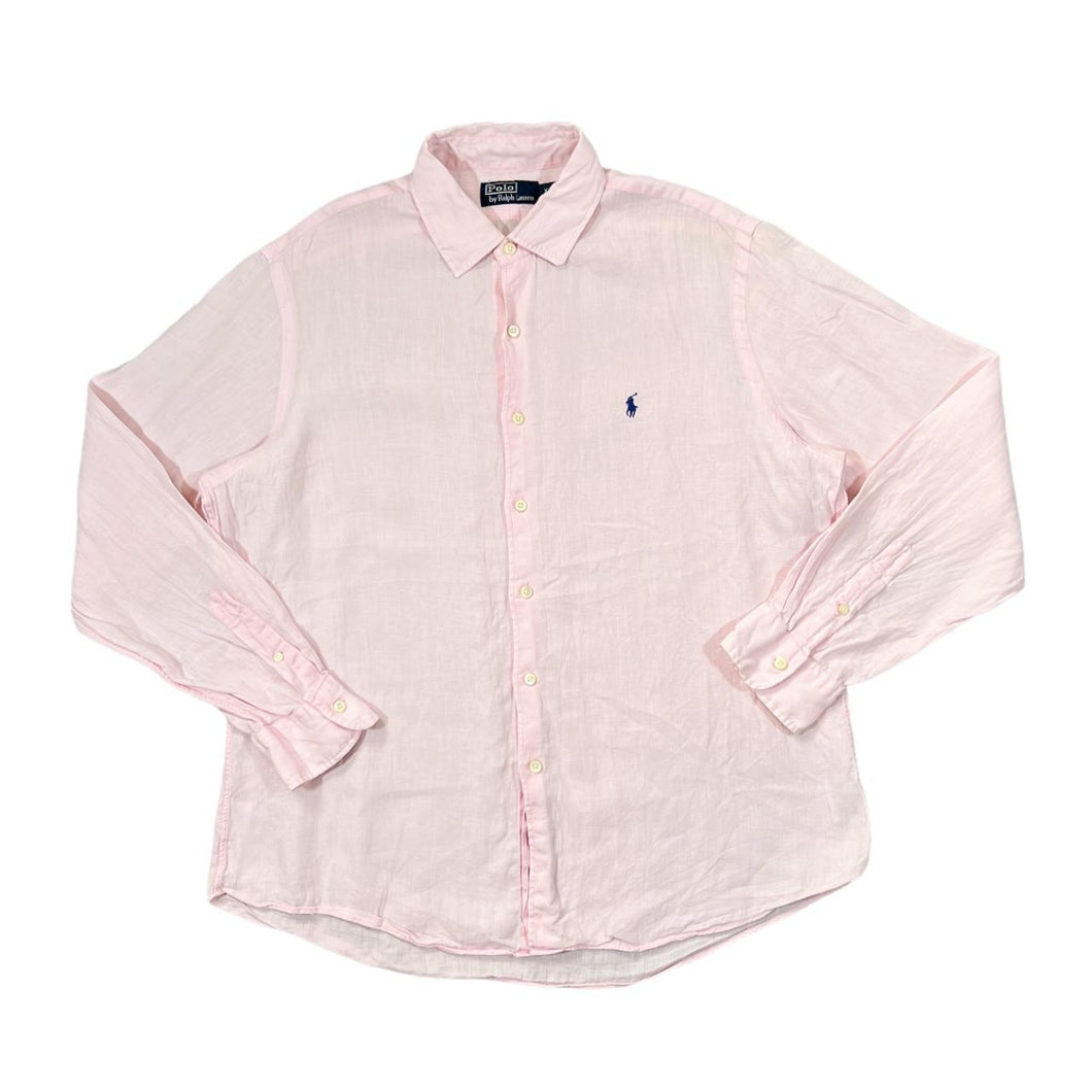 Vintage POLO RALPH LAUREN Classic Embroidered Mini Logo Long Sleeve Pink Linen Shirt