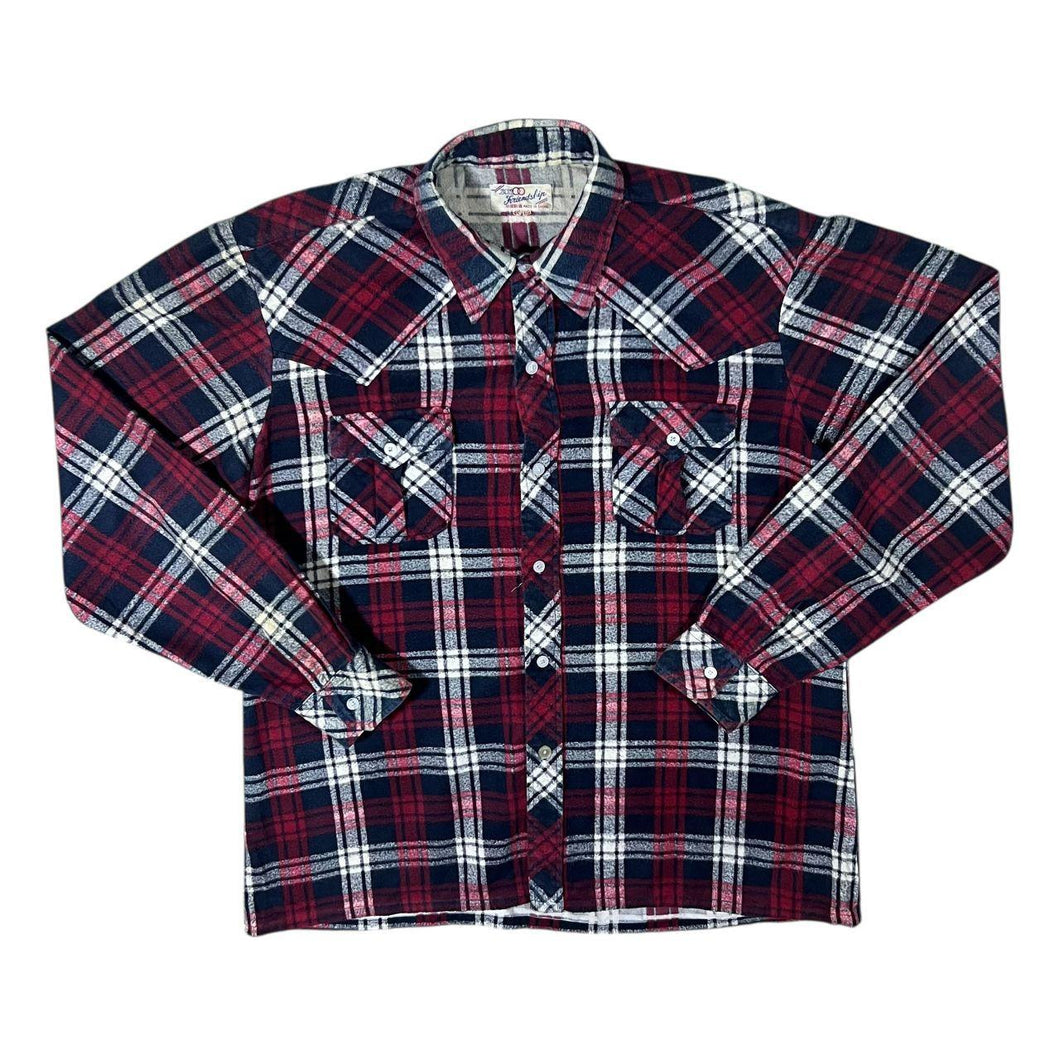 Vintage Friendship Navy Blue Red White Plaid Check Long Sleeve Flannel Shirt