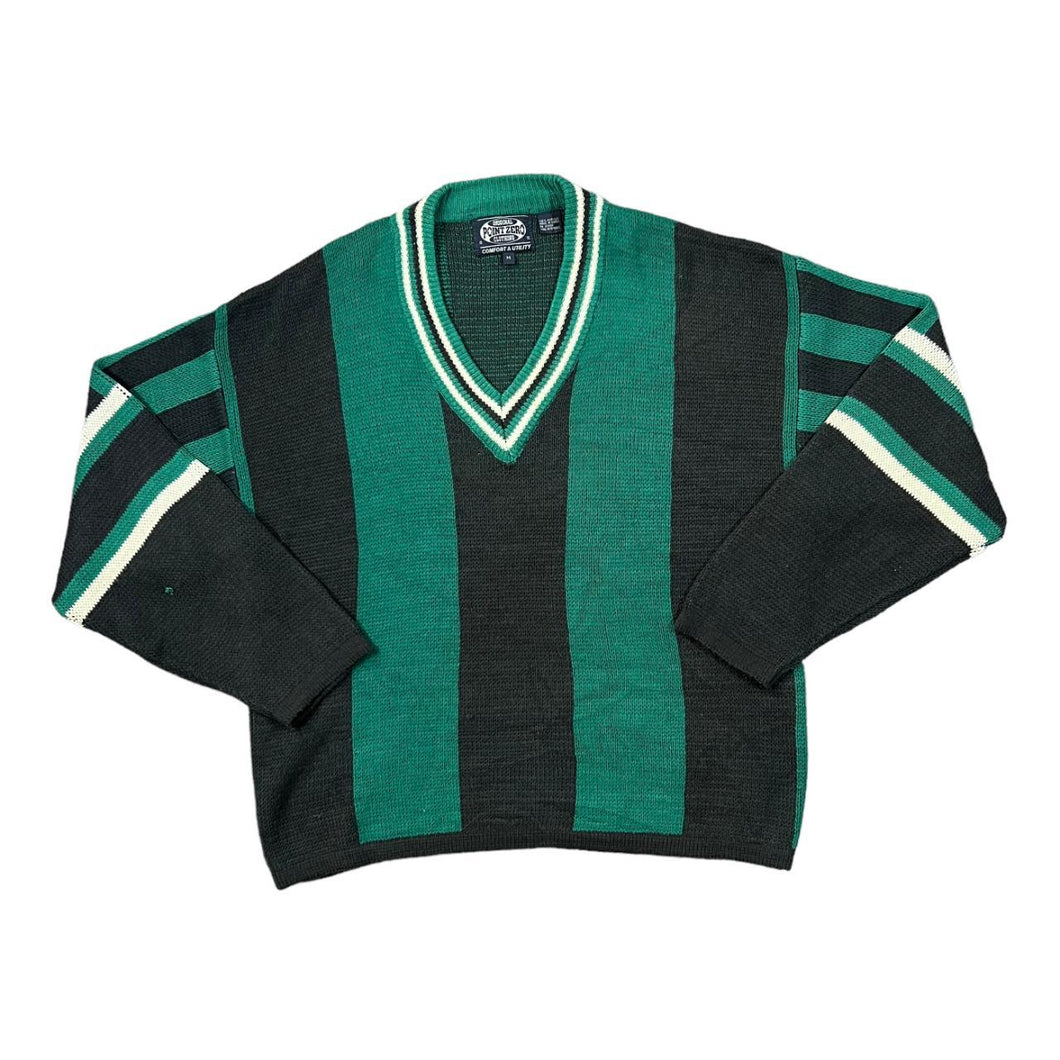 Vintage 90's POINT ZERO Made In Korea Colour Block Striped Acrylic Knit V-Neck Sweater Jumper