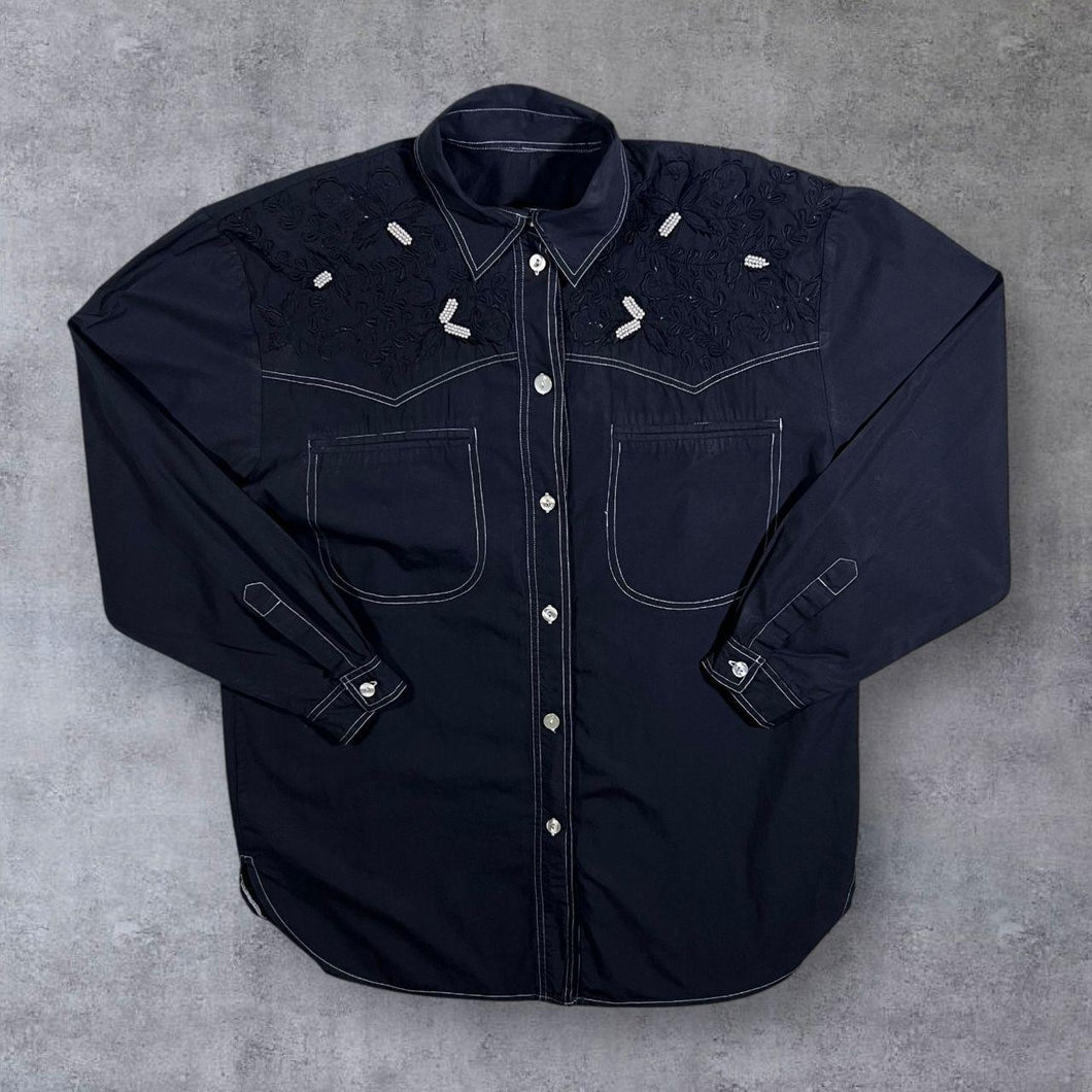 Cowboy Western Embroidered Sequin Floral Black Long Sleeve Shirt
