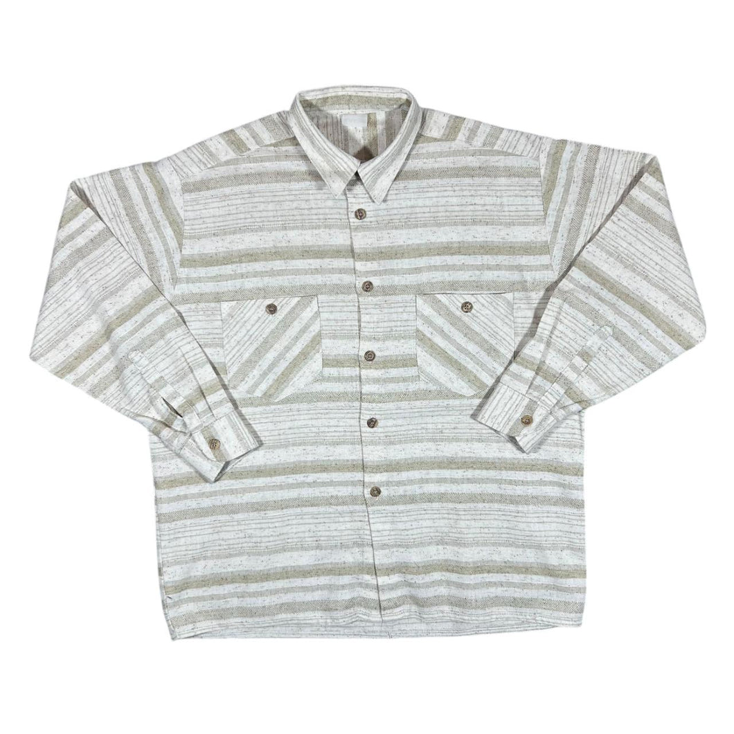 Vintage 90's Cream Beige Multi Striped Long Sleeve Flannel Shirt