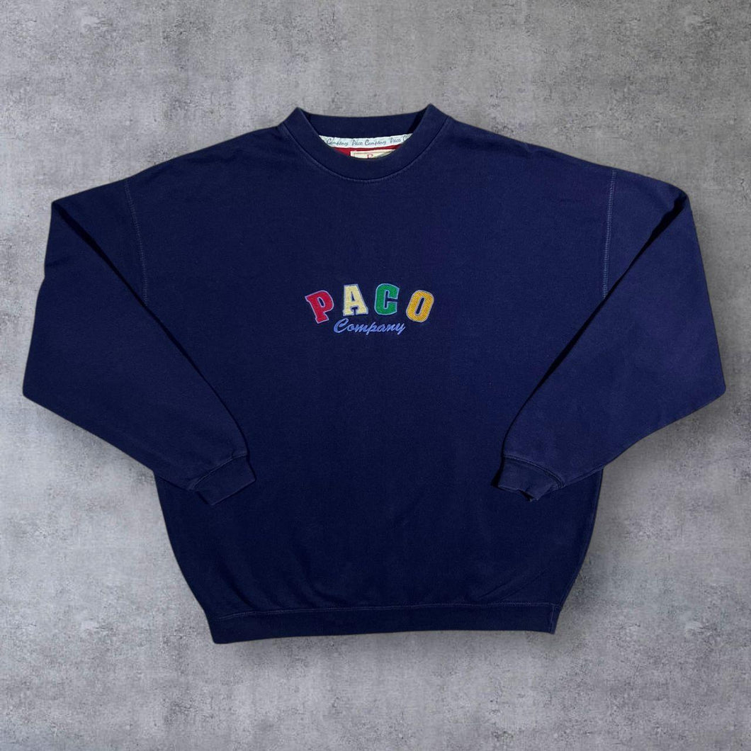 Vintage Paco Company Embroidered Logo Spellout Navy Blue Crewneck Sweatshirt