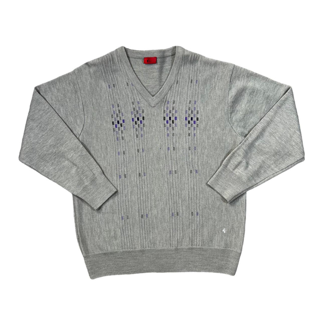 Vintage GABICCI Classic Grandad Patterned Acrylic Wool Knit V-Neck Sweater Jumper