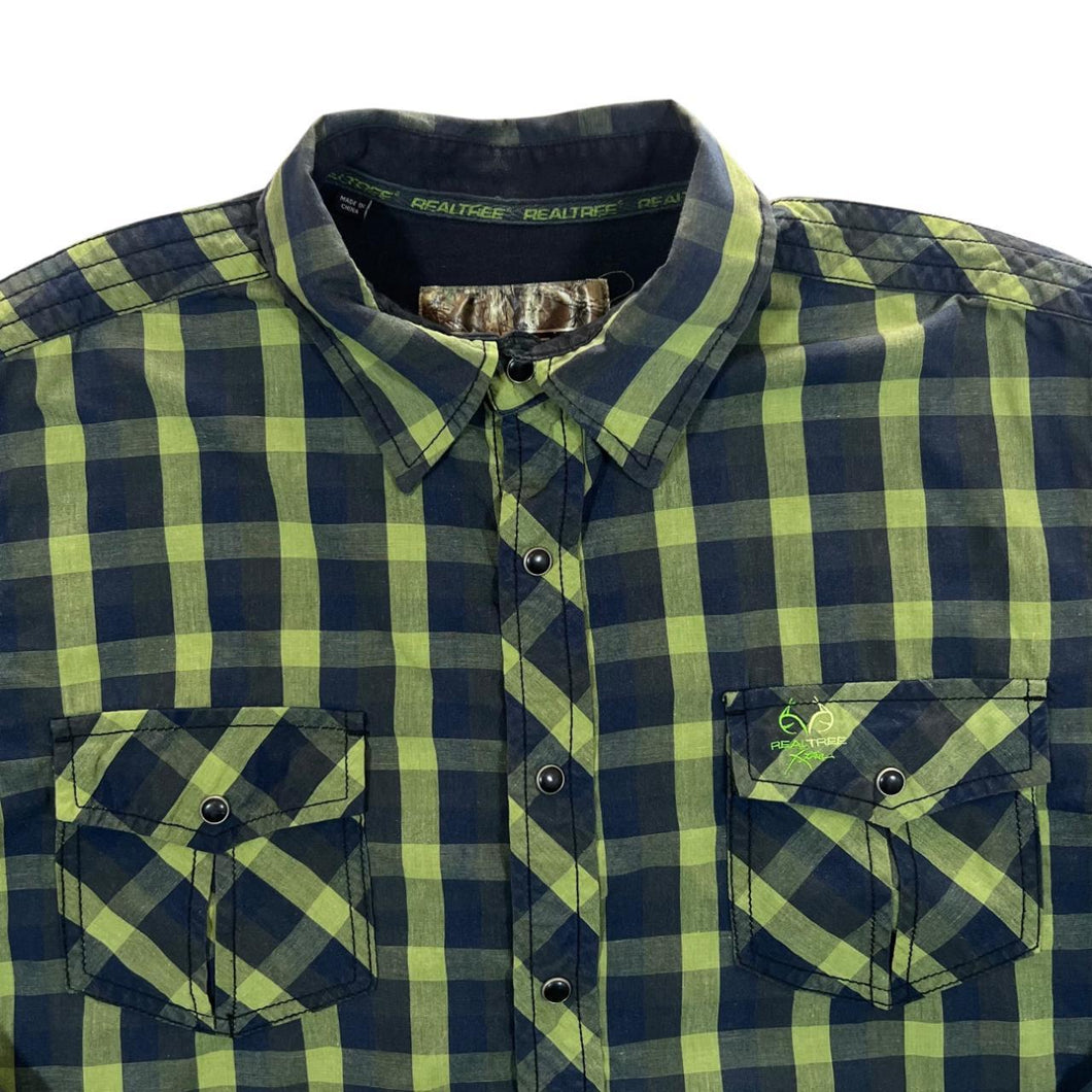 Realtree Western Green Navy Blue Check Popper Button Long Sleeve Shirt