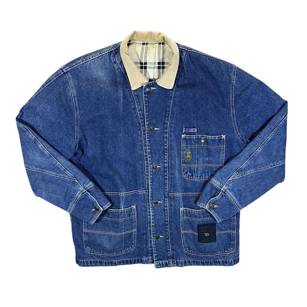 Vintage 90's SMITH + BROOKS Corduroy Collar Check Lined Blue Denim Worker Chore Jacket
