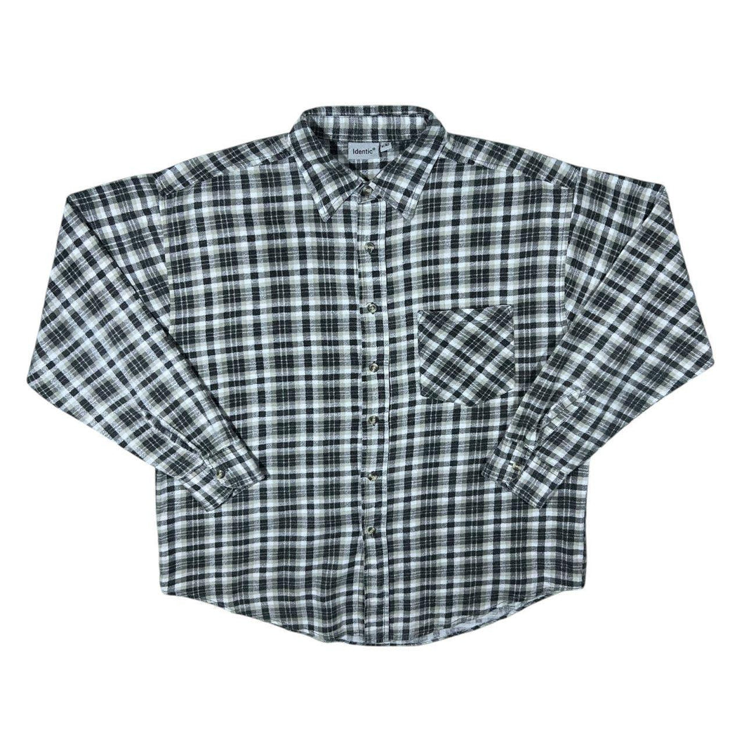 Vintage Identic Grey White Black Plaid Check Long Sleeve Cotton Flannel Shirt